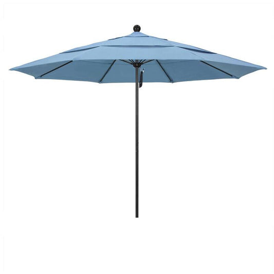 11 ft. Black Aluminum Commercial Market Patio Umbrella with Fiberglass Ribs and Pulley Lift in Air Blue Sunbrella