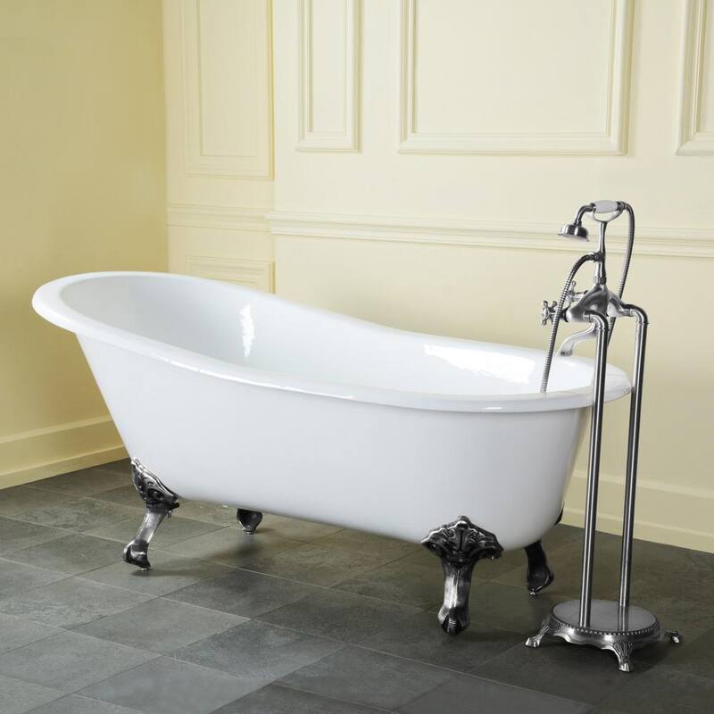 67 in. Cast Iron Single Slipper Clawfoot Bathtub in White with Feet in Polished Chrome