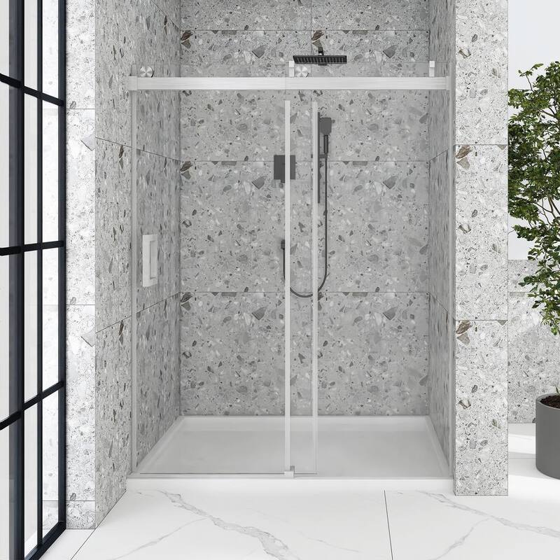 72 in. W x 76 in. H Single Sliding Frameless Shower Door in Brushed Nickel with Buffer