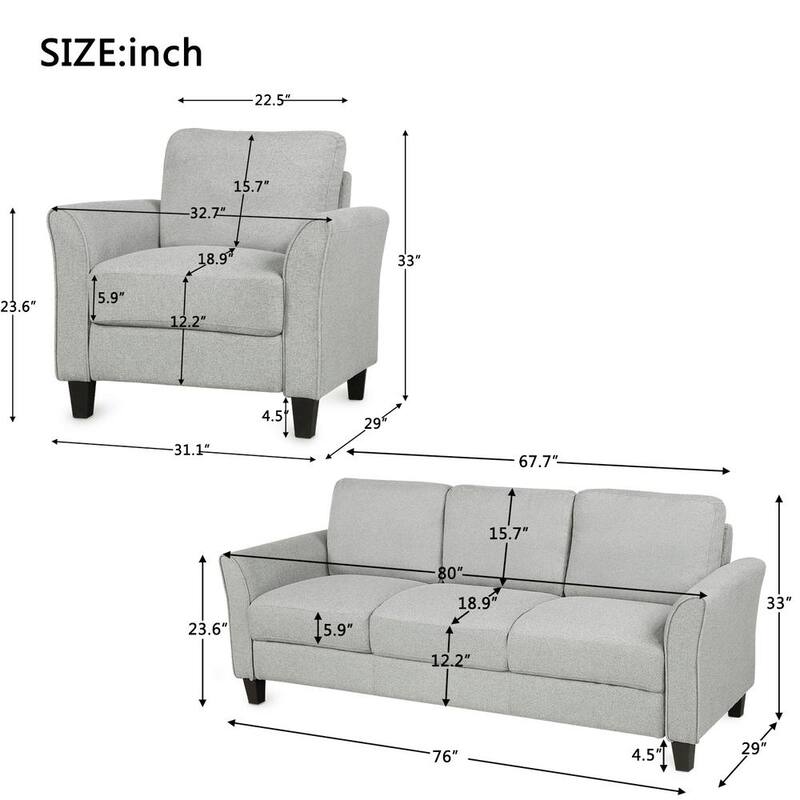 76 in. W 2-piece Linen Living Room Furniture Chair and 3-seat Sofa in Light Gray