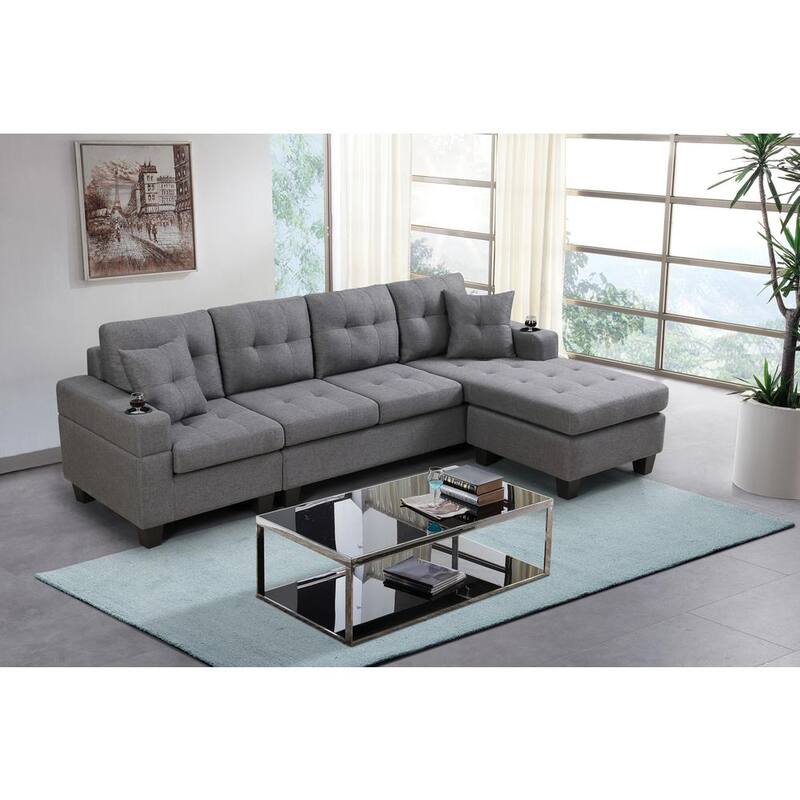 96 in W Square Arms L Shaped polyester fabric Sectional Sofa in Gray