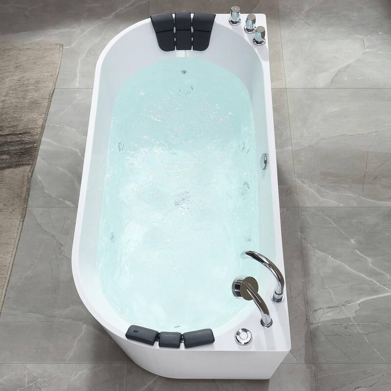 71 in. Center Drain Acrylic Freestanding Flatbottom Whirlpool Bathtub in White with Faucet - Water Jets