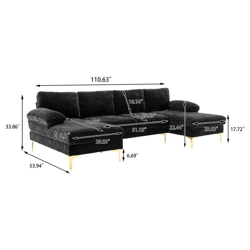 111 in. W 3-Piece Fabric Living Room Sofa Sectional Sofa in Black