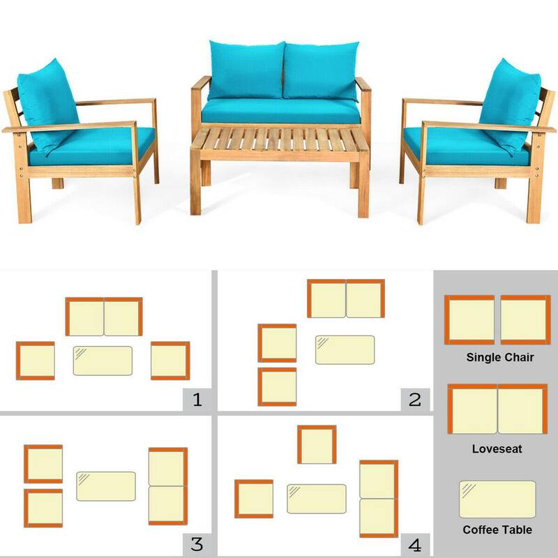 4-Piece Acacia Wood Patio Conversation Set with Turquoise Cushions and Wood Slat Top Table