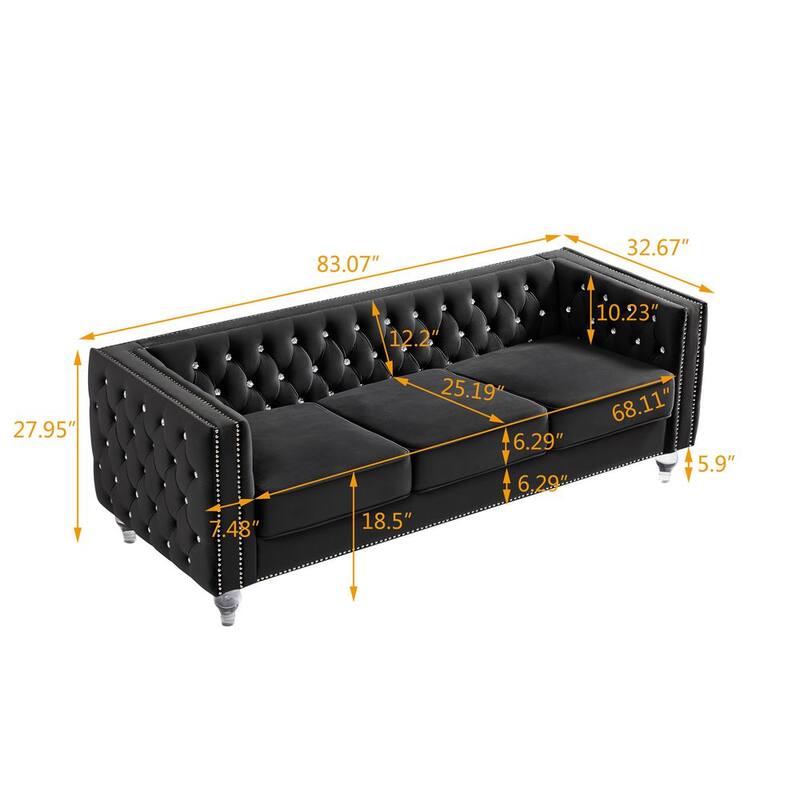 83 in. Square Arm Polyester Rectangle Sofa Set in Black with Loveseat