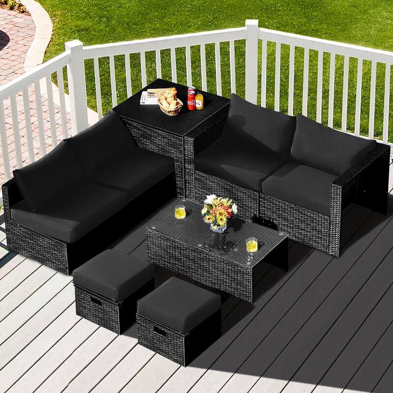 8-Piece Wicker Patio Conversation Set Storage Table Ottoman with Black Cushions