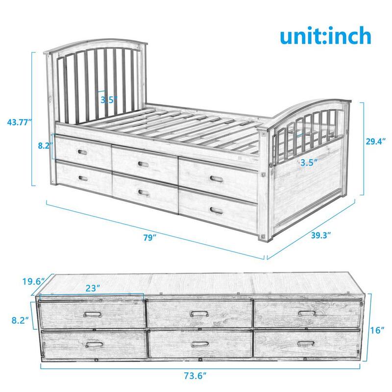 79 in. W Oak Twin Size Platform Storage Bed Solid Wood Bed with 6-Drawers