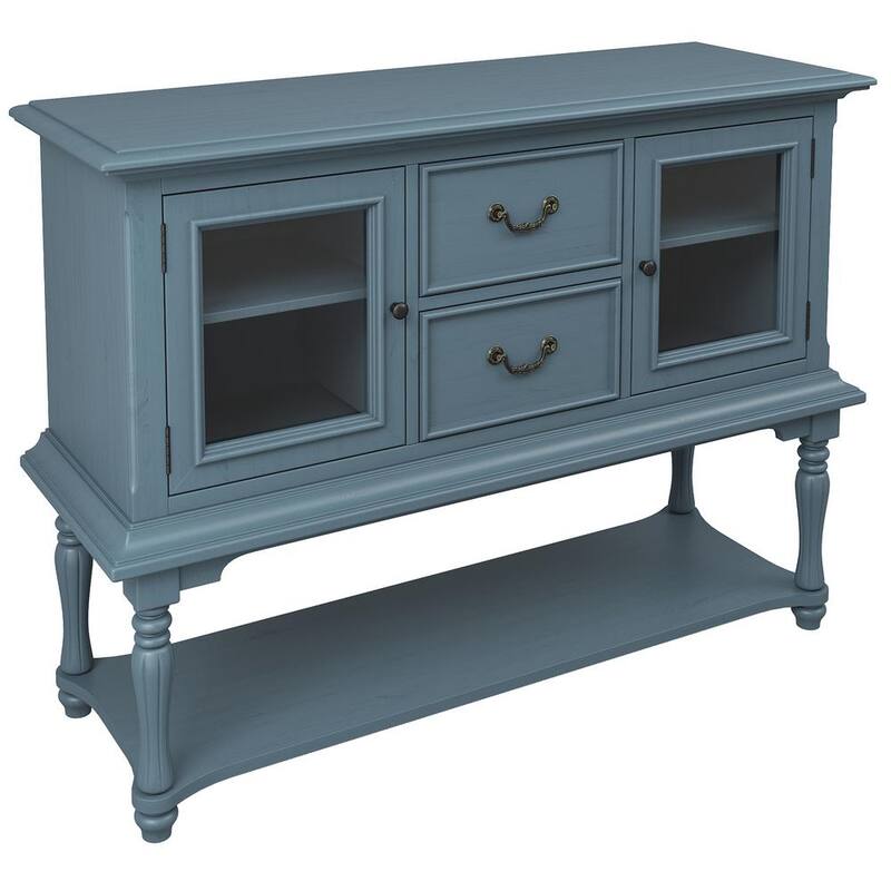 52 in. Blue Rectangle Wood Console Table with 2-Drawers 2-Glass Doors and Bottom Shelf for the Living Room