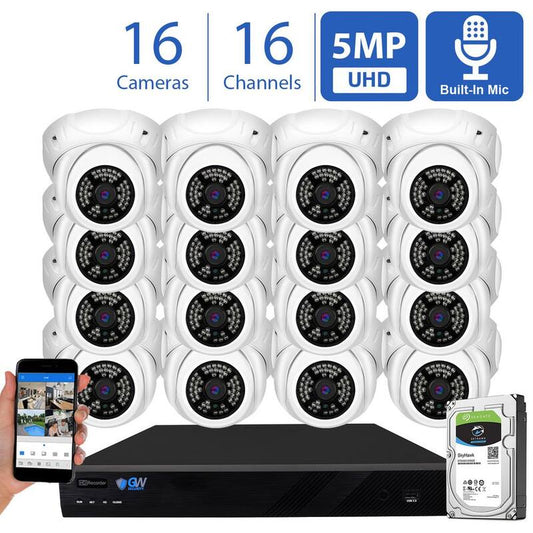 16-Channel 5MP NVR 4TB Security Camera System with 16 Wired IP Cameras Turret Fixed Lens Built-In Mic Human Detection