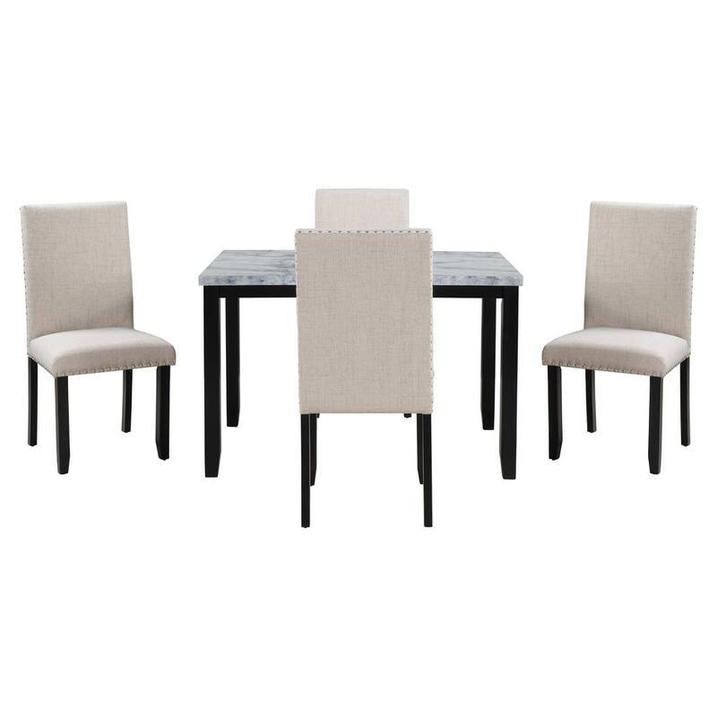 5-Piece Wood Top White/BeigeplusBlack Dining Set with Faux Marble Table 4-Thicken Cushion Dining Chairs Home Furniture