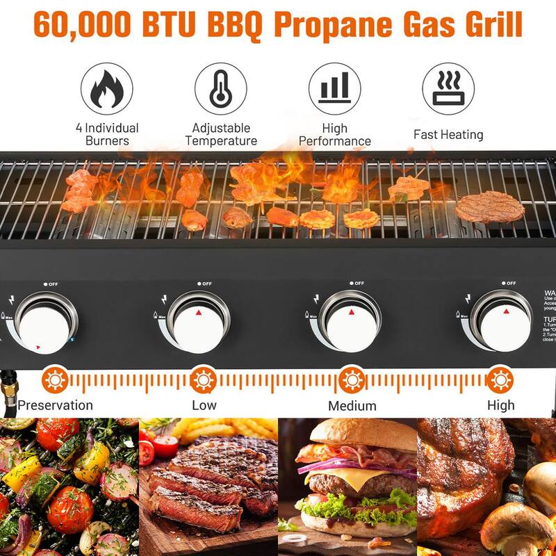 4-Burner Propane Gas Grill 60000BTU Foldable Outdoor Griddle Station w/Wheels in Black