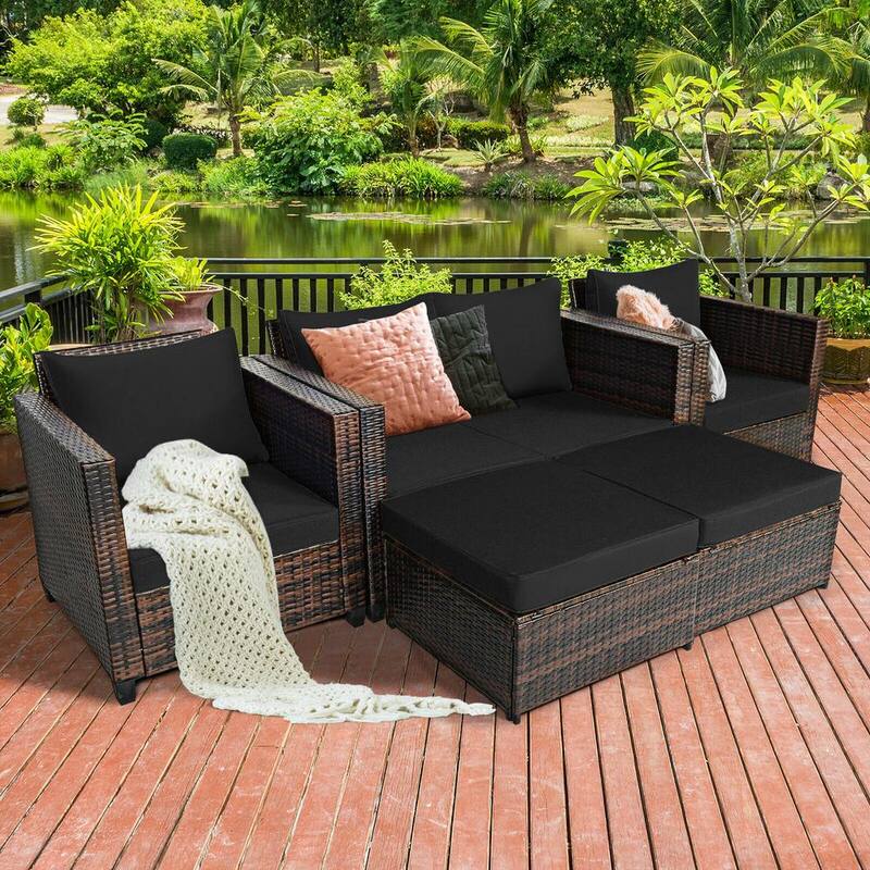 5-Piece Wicker Patio Conversation Set with Black Cushions and 2 Ottomans