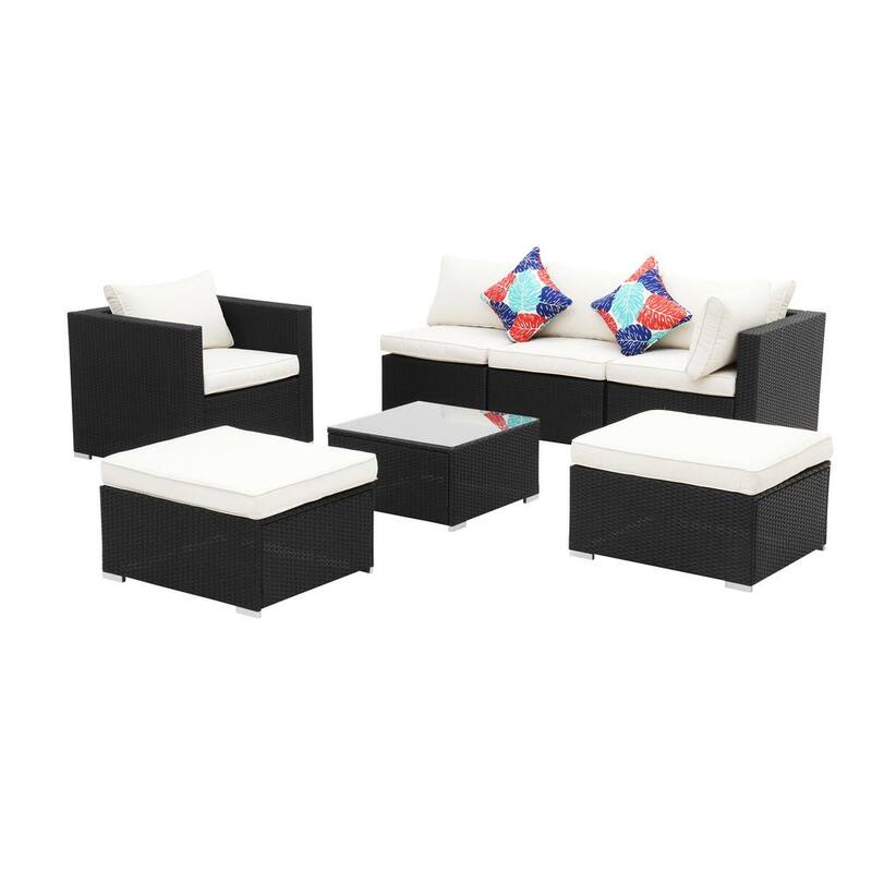 7-Piece Rattan Patio Conversation Set with White Cushions