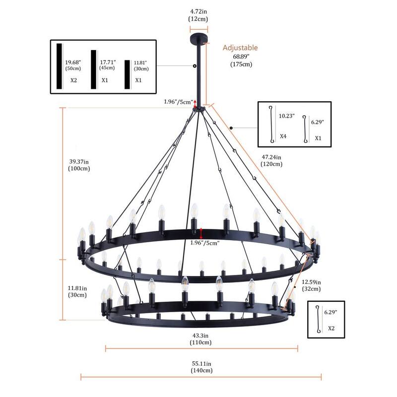 55.1 in. 48-Light Farmhouse Black 2-Tier Wagon Wheel Candle Chandelier Round Industrial Pendant Lighting