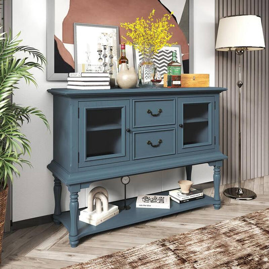 52 in. Blue Rectangle Wood Console Table with 2-Drawers 2-Glass Doors and Bottom Shelf for the Living Room