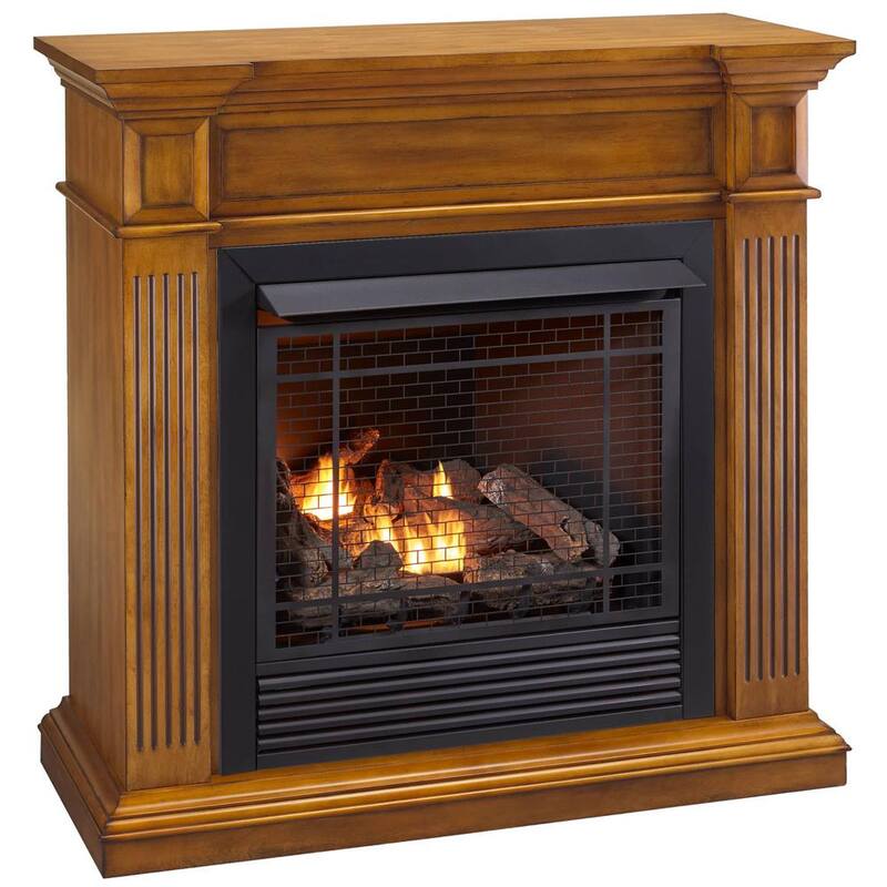 32 000 BTU Dual Fuel Vent Free Gas Fireplace with Jefferson Series Mantel Remote Control in Medium Maple