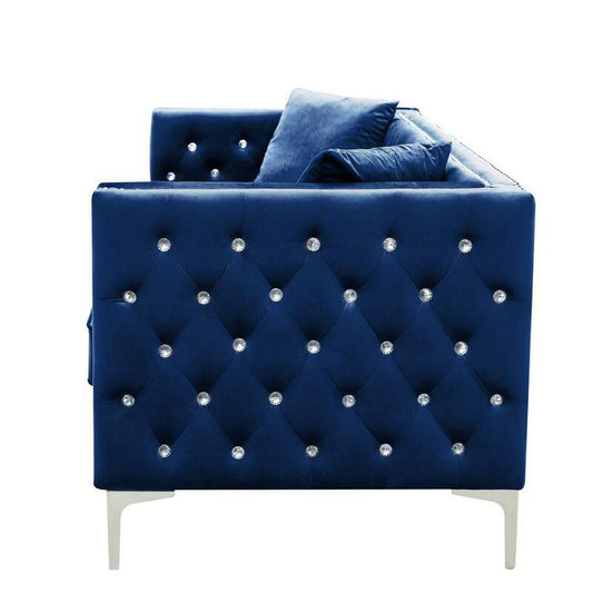 59.4 in. Blue Square Arm Microfiber Tufted 2-Seater Straight Sofa with Nailhead Trim and Removable Cushions