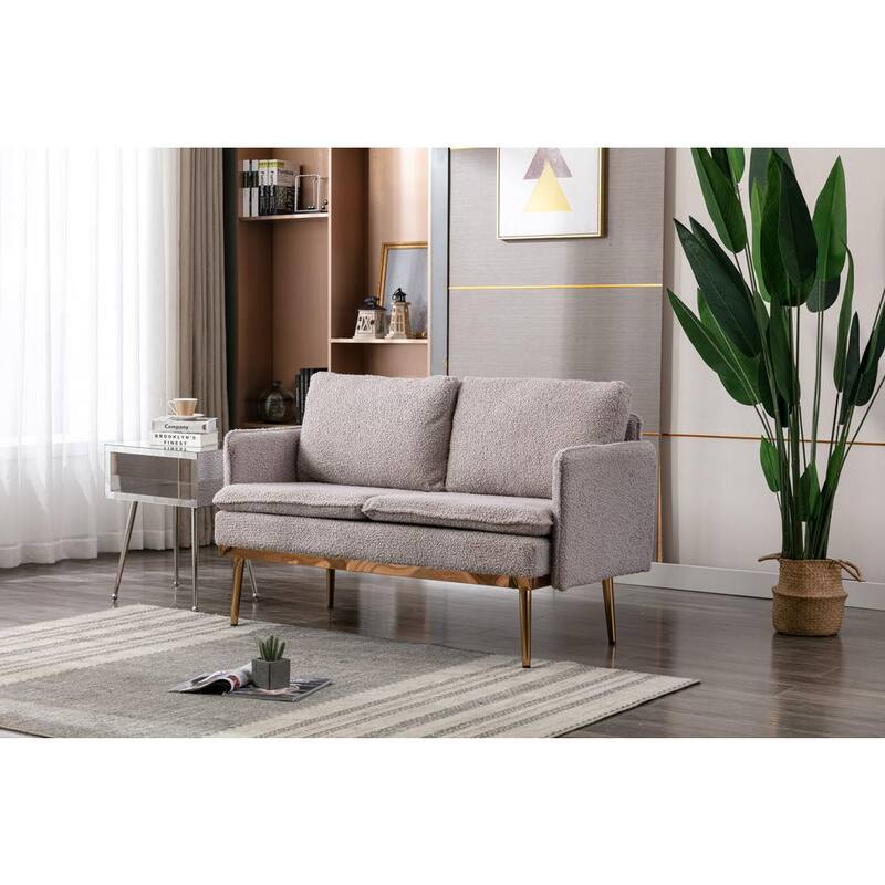 55.91 in. W Round Arm Velvet 2-Seater Loveseat with Iron Feet in Grey Teddy