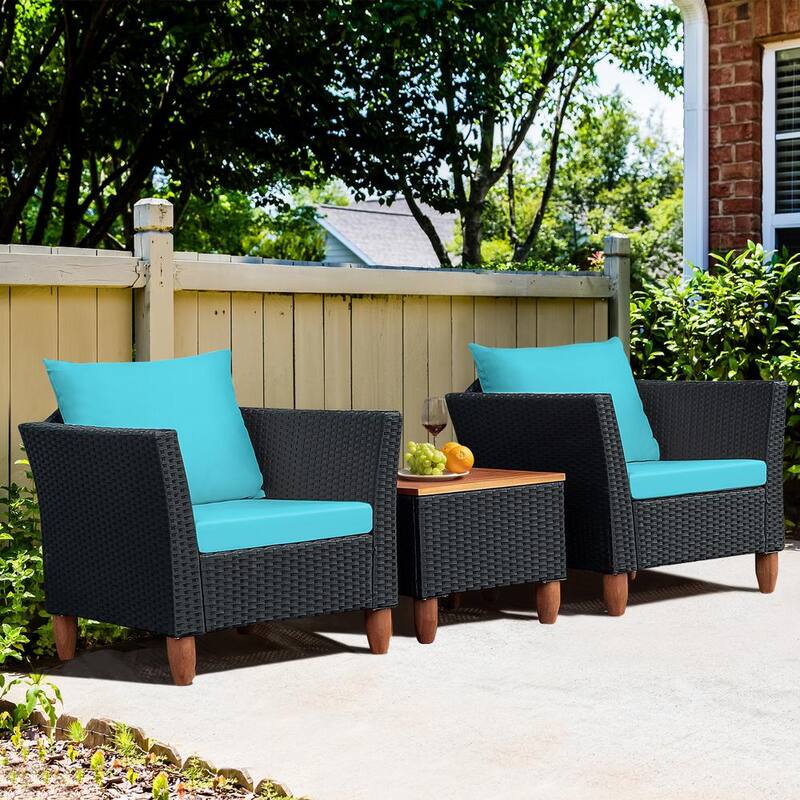 3 -Pieces Rattan Patio Conversation Sets Bistro Furniture Set with Turquoise Cushions