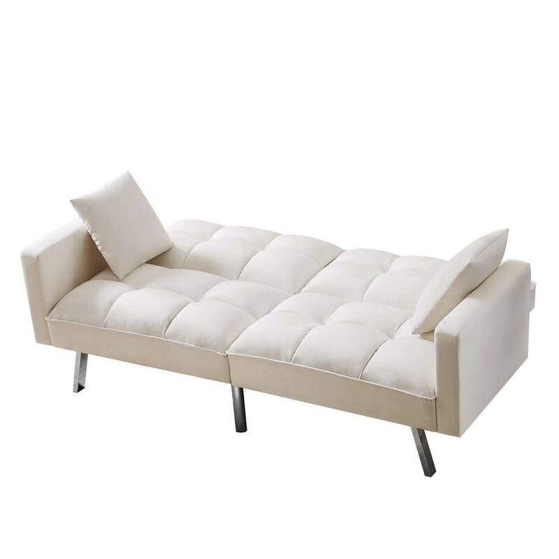 74 in. Beige Velvet 2-Seater Loveseat Convertible Sofa Bed with 2 Pillows