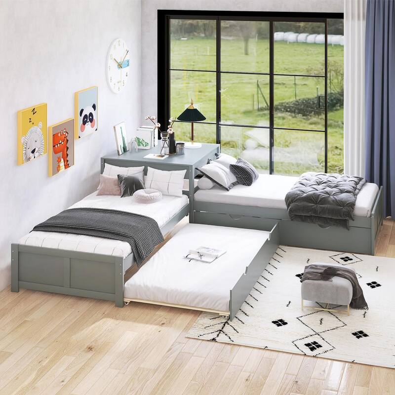 117.3 in.Twin Size L-shaped Platform Bed with 2-Trundles and Built-in Square Table - Gray