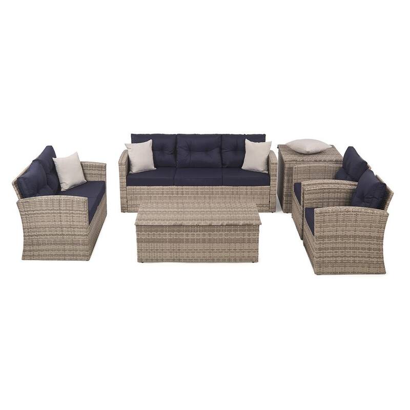 6-Piece Wicker Outdoor Patio Sectional Conversation Seating Set with Navy Blue Cushions