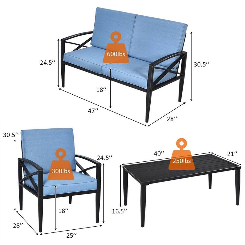 4-Piece Aluminum Patio Conversation Set Coffee Table and Sofa Chair with Blue Cushions