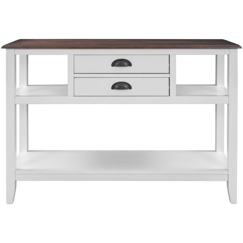 47.9 in. WhiteplusWalnut Rectangle Wood Console Table with 2-Drawers and Open Shelves for Living Room Entryway