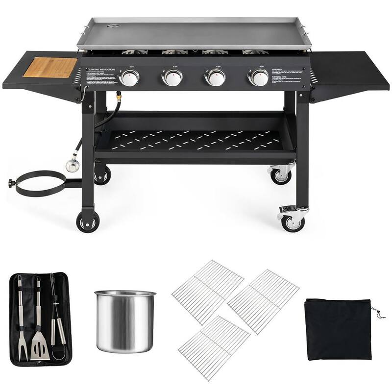 4-Burner Propane Gas Grill 60000BTU Foldable Outdoor Griddle Station w/Wheels in Black