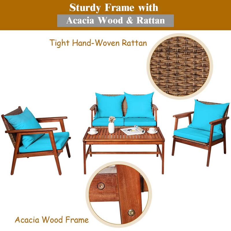 4-Pieces Wicker Patio Conversation Set Acacia Wood Frame with Turquoise Cushions