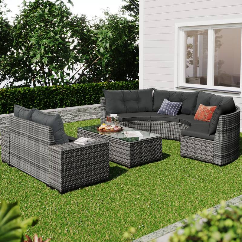 8-Piece All-Weather Wicker Patio Conversation Half-Moon Sectional Seating Set with Gray Cushions