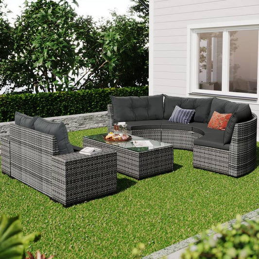 8-Piece All-Weather Wicker Patio Conversation Half-Moon Sectional Seating Set with Gray Cushions