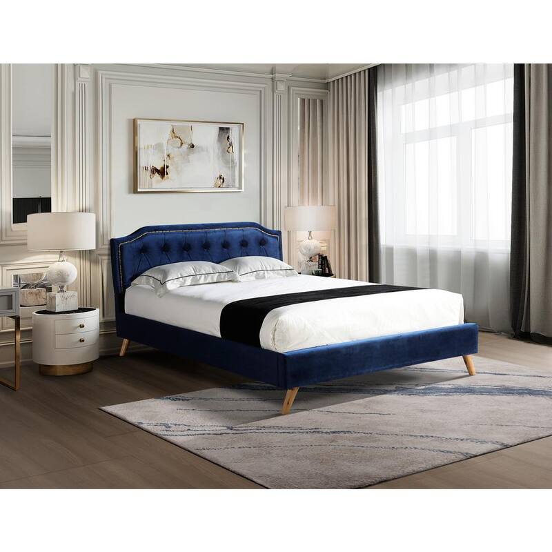 85.9 in. W Navy Queen Size Upholstered Platform Bed Fabric Bed Frame Box Spring Not Needed