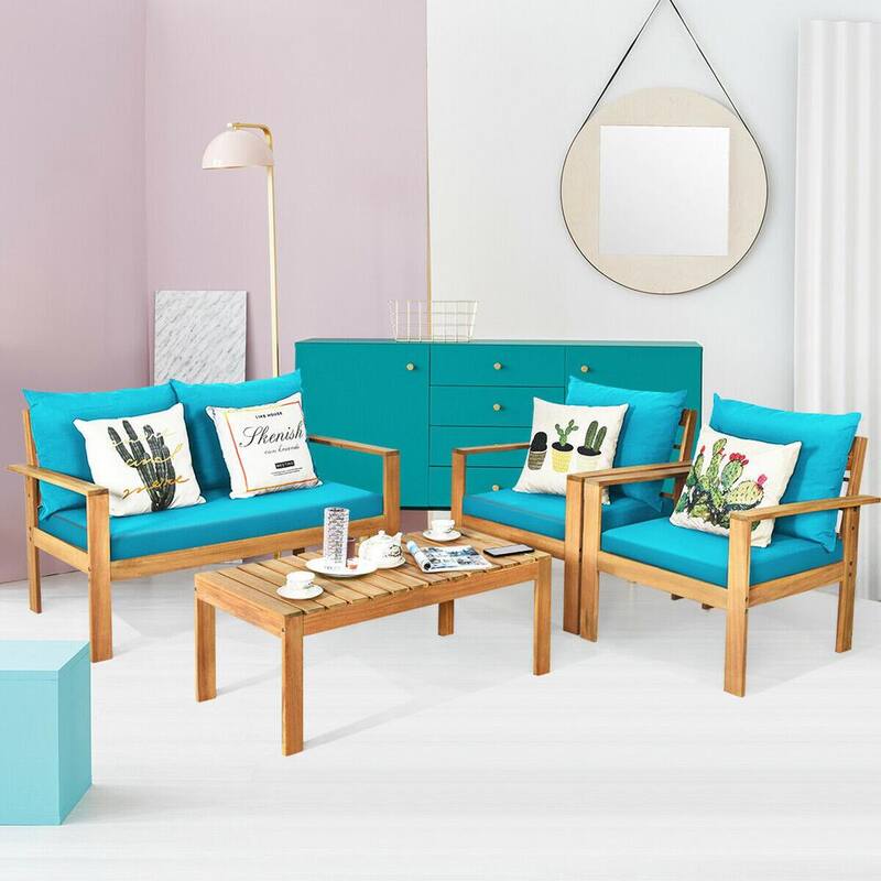 4-Piece Acacia Wood Patio Conversation Set with Turquoise Cushions and Wood Slat Top Table