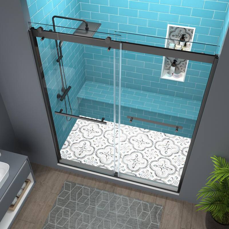 56 in. W - 60 in. W x 74 in. H Sliding Semi-Frameless Shower Door in Matte Black Finish with Clear Glass