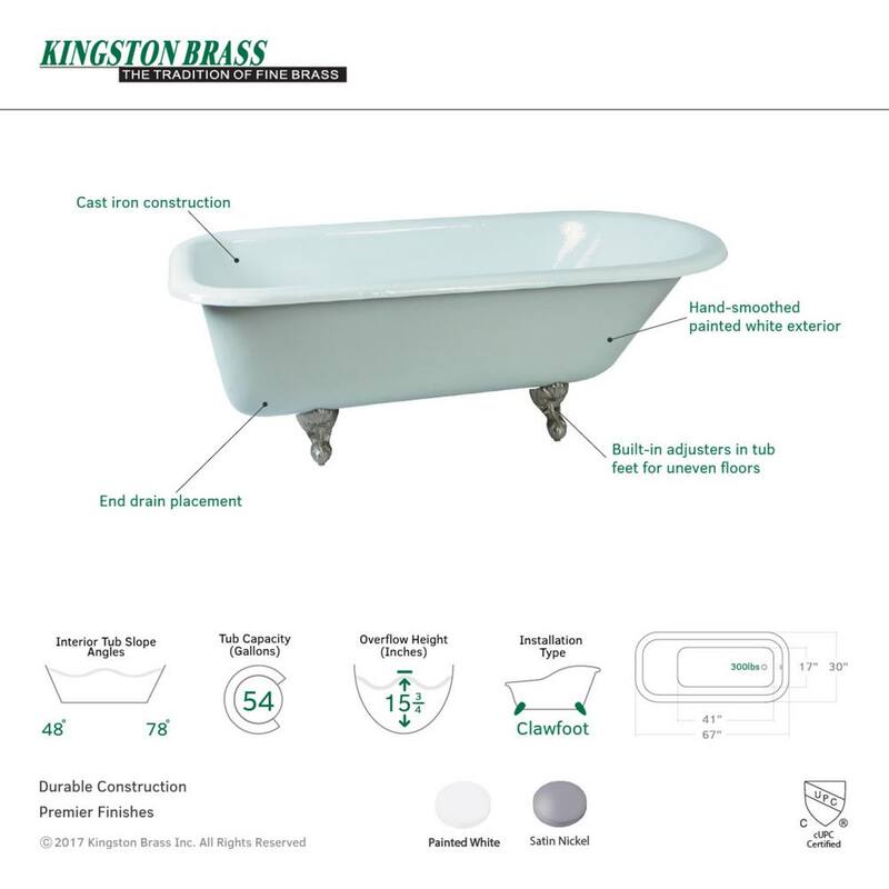 67 in. Cast Iron Brushed Nickel Roll Top Clawfoot Bathtub in White