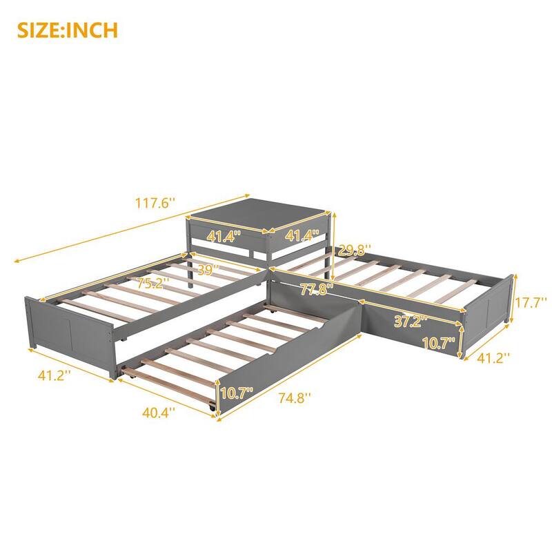 117.60 in Width Gray L-shaped Twin Size Platform Bed with Trundle and Drawers Linked with built-in Desk