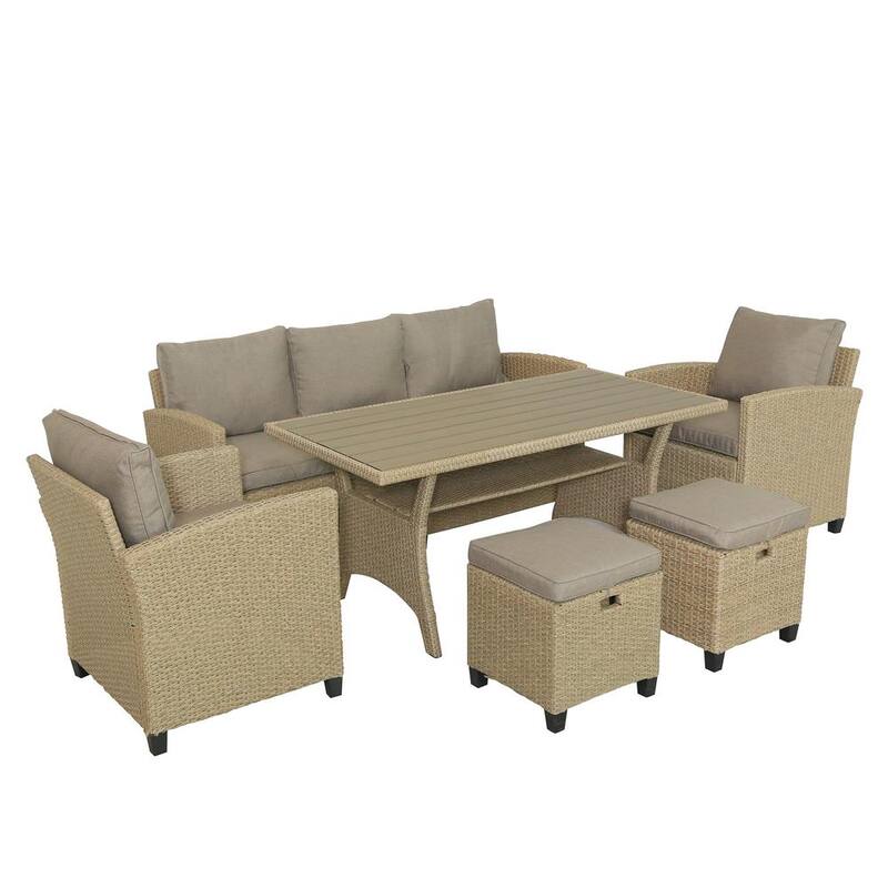 6-Piece Wicker Patio Conversation Set 2 Ottomans Patio Garden Backyard Sofa with Brown Beige Cushions