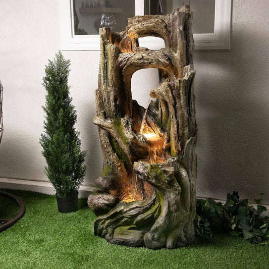 59 in. Tall Indoor/Outdoor 5-Tier Waterfall Tree Stump Fountain with LED Lights