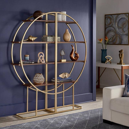 76 in. Natural Gold Metal 8-Shelf Full Moon Accent Bookcase