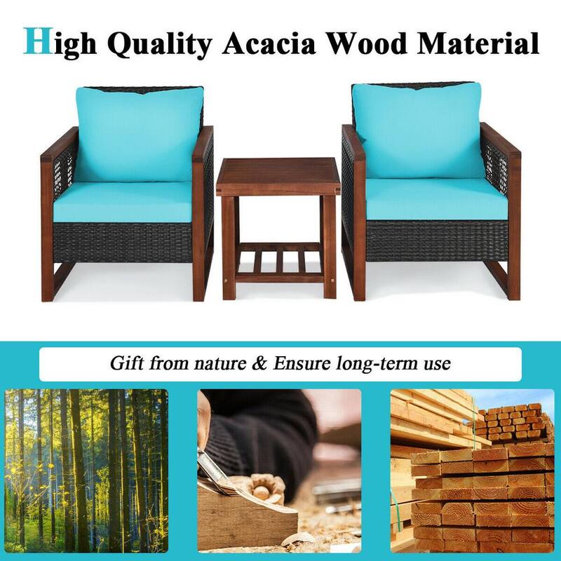 3-Piece Acacia Wood Patio Conversation Set with Square Wooden Table Hallow Wicker and Turquoise Cushions