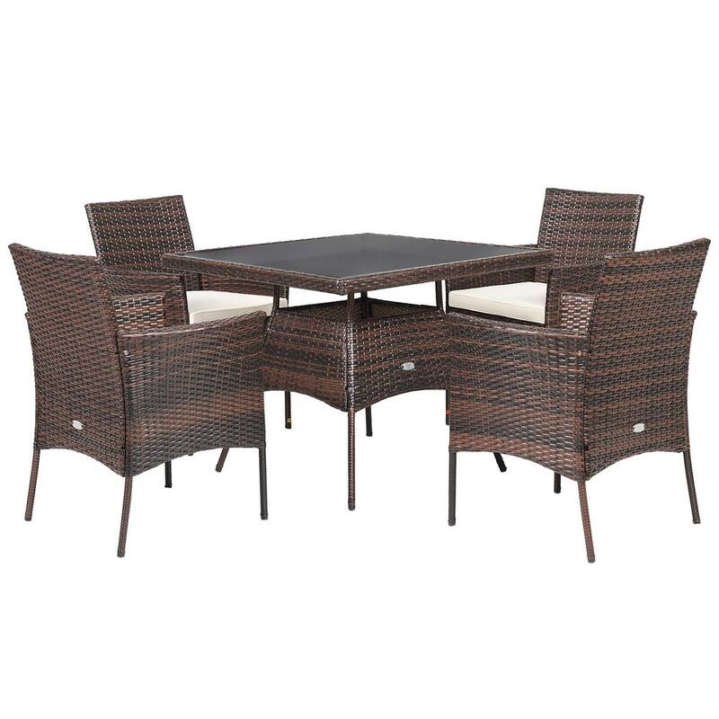 5 Piece Wicker Square Outdoor Dining Set Patio Conversation Set Chair Glass Table with White Cushions