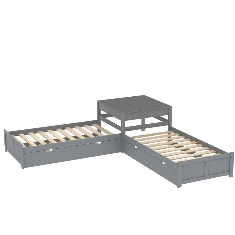 117.3 in.Twin Size L-shaped Platform Bed with 2-Trundles and Built-in Square Table - Gray