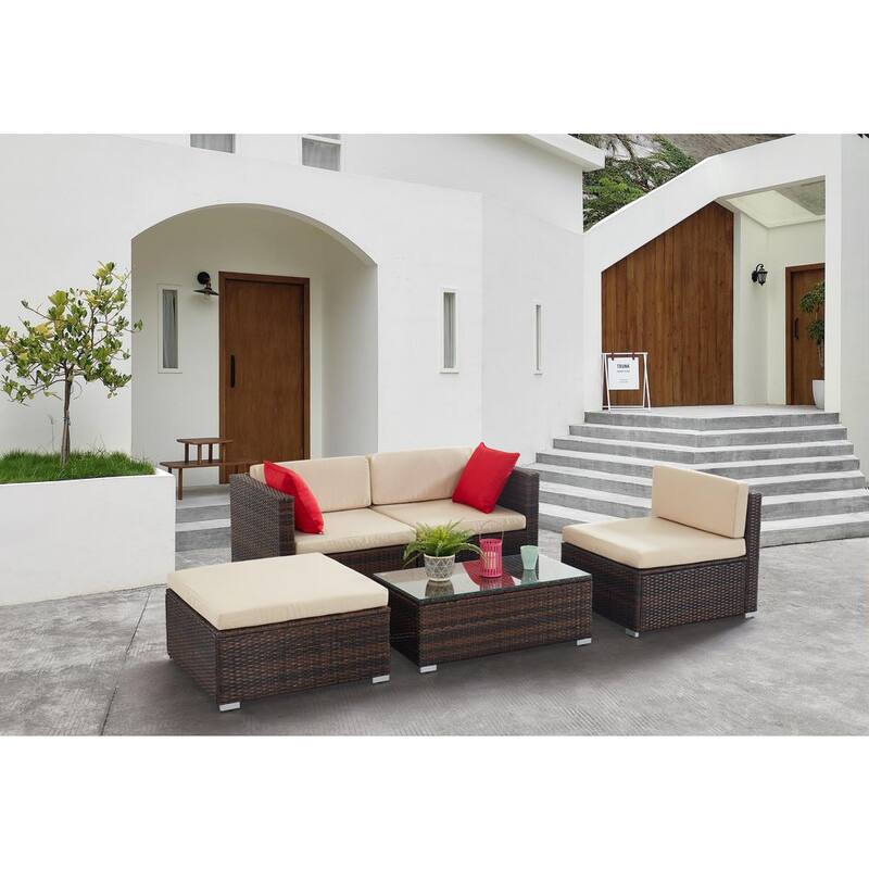 5-Piece Steel Wicker Outdoor Patio Conversation Set with Cover and Beige Cushions