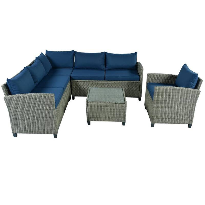 5-Piece Wicker Patio Conversation Set with Blue Cushions Coffee Table and Single Chair