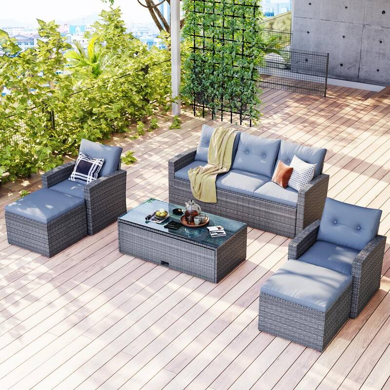 6-Piece Wicker Patio Conversation Set with CushionGuard Light Gray Cushion and Coffee Table