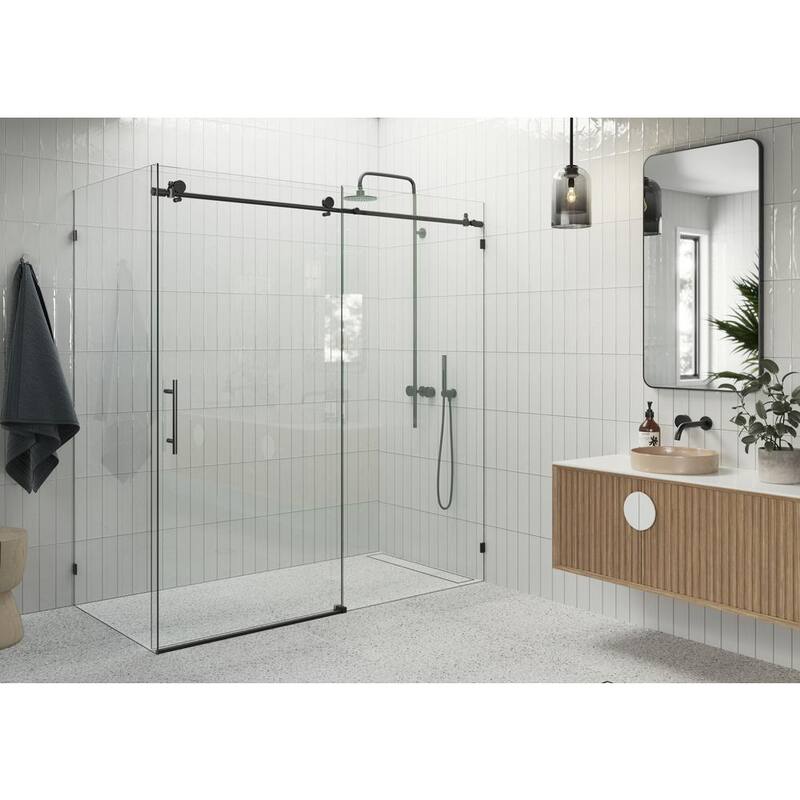 72 in. W x 78 in. H Rectangular Sliding Frameless Corner Shower Enclosure in Matte Black with Clear Glass