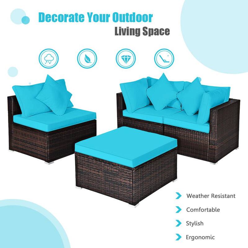 4-Pieces Rattan Patio Conversation Furniture Set Yard Outdoor with Turquoise Cushion