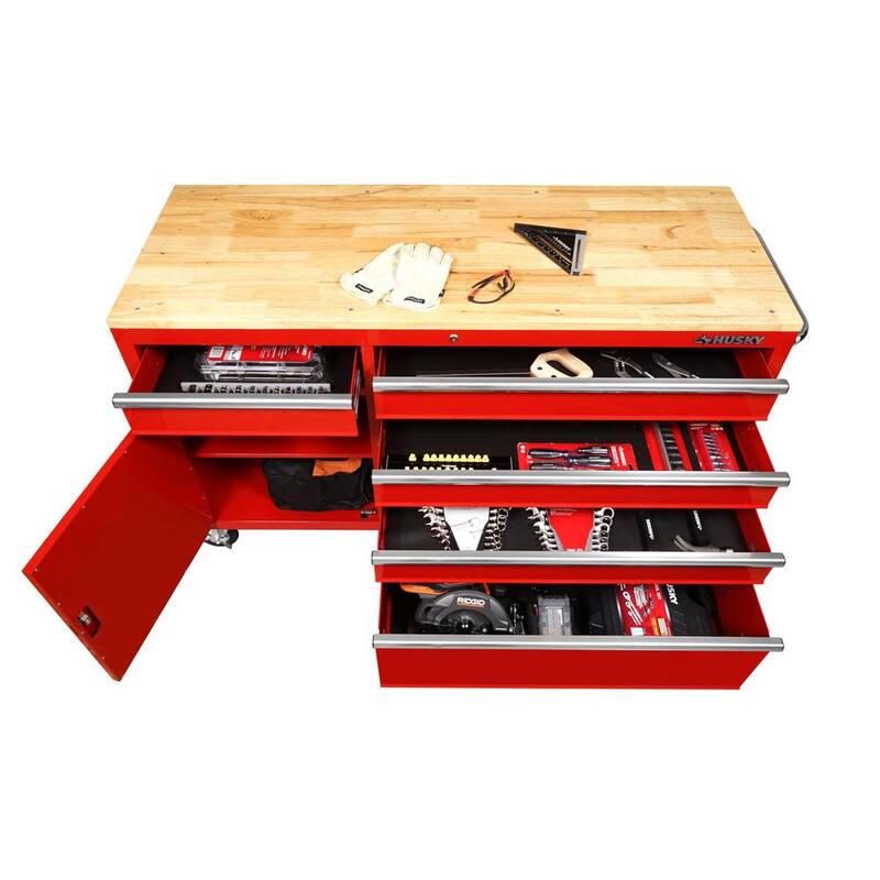 52 in. W x 25 in. D Standard Duty 9-Drawer Mobile Workbench Cabinet with Solid Wood Top in Gloss Red