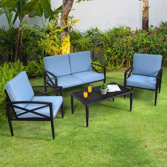 4-Piece Aluminum Patio Conversation Set Coffee Table and Sofa Chair with Blue Cushions